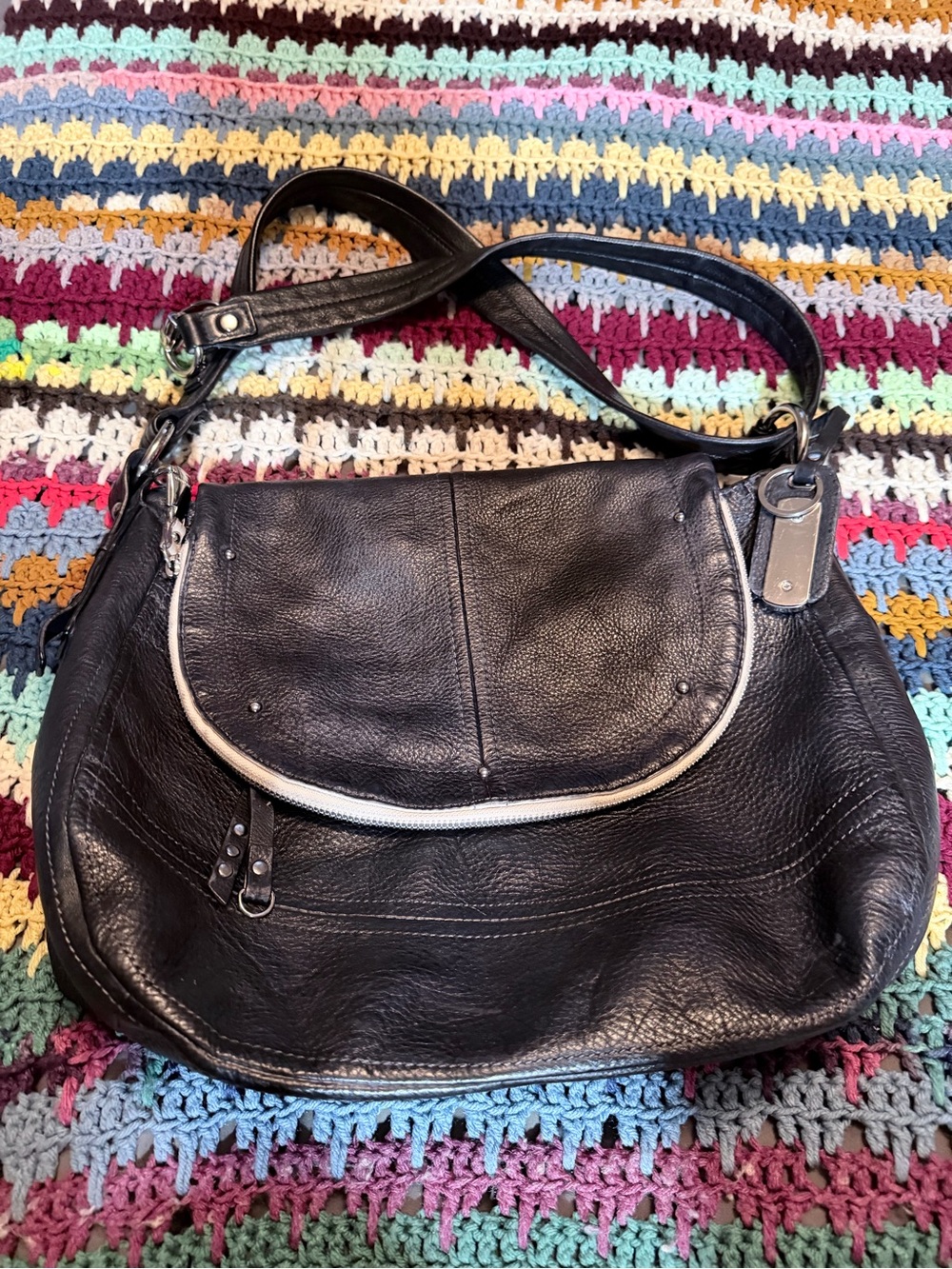 b. makowsky Black Leather Shoulder Bag with Flap and Accent Trim